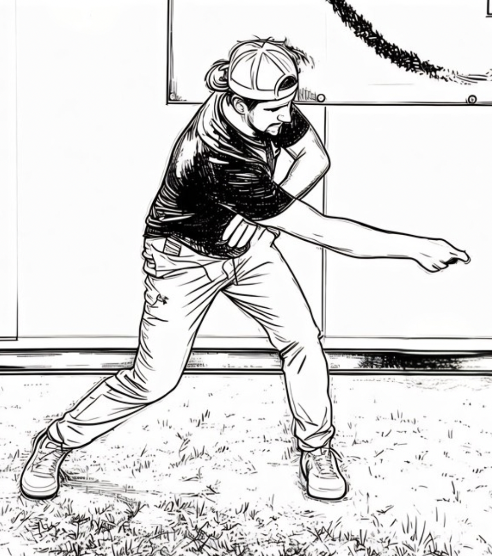 Core engagement illustration showing back-leg load and hip-led rotation